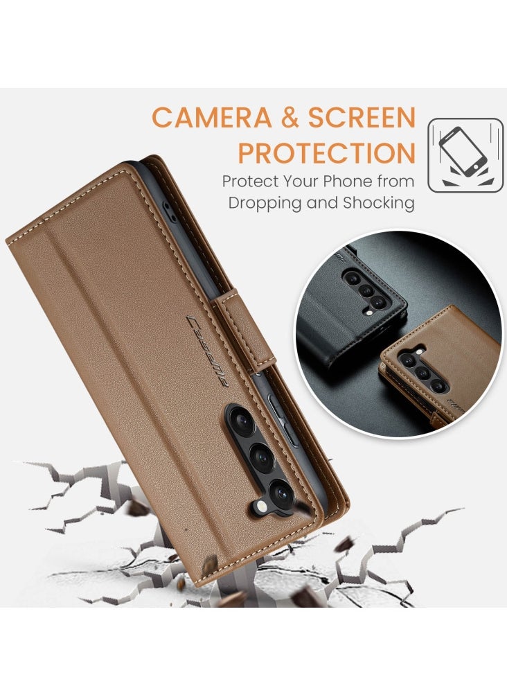 CaseMe - Flip Wallet Case For Samsung Galaxy S24 plus [RFID Blocking] PU Leather Wallet Flip Folio Case with Card Holder Kickstand Shockproof Phone Cover (Brown) - Image 1