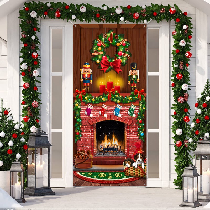 Tiamon Tiamon Merry Christmas Door Cover Christmas Fireplace Door Cover Backdrops Xmas Tree Printed Banner Background Xmas Nutcracker Porch Hanging Decorations 65 x 3 Feet 