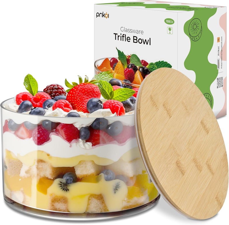 Prikoi 155oz Large Trifle Bowl with Lid Modern Design Clear Glass for Salads Dessert Fruit and Party Displays 2025 Thickened Version - Image 1