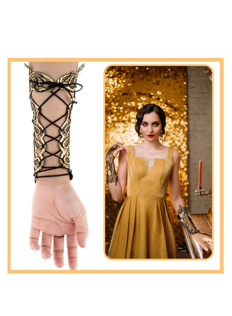Vintage Gold Steampunk Fingerless Lace Gloves, Handmade Floral Mesh Long Gloves for Cosplay, Parties & Events - Image 3