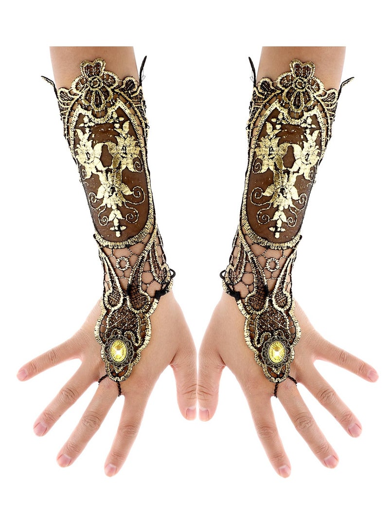 Vintage Gold Steampunk Fingerless Lace Gloves, Handmade Floral Mesh Long Gloves for Cosplay, Parties & Events - Image 2
