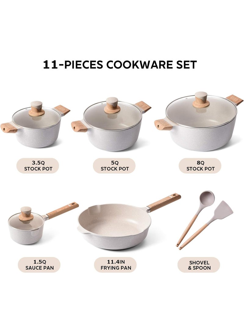 طقم أواني طبخ 11 قطعة، أطقم أواني غير لاصقة، مقالي حجرية غير لاصقة وأطقم قدور مع ملعقة طبخ وملعقة، بيج متوافق مع الحث. - Image 2