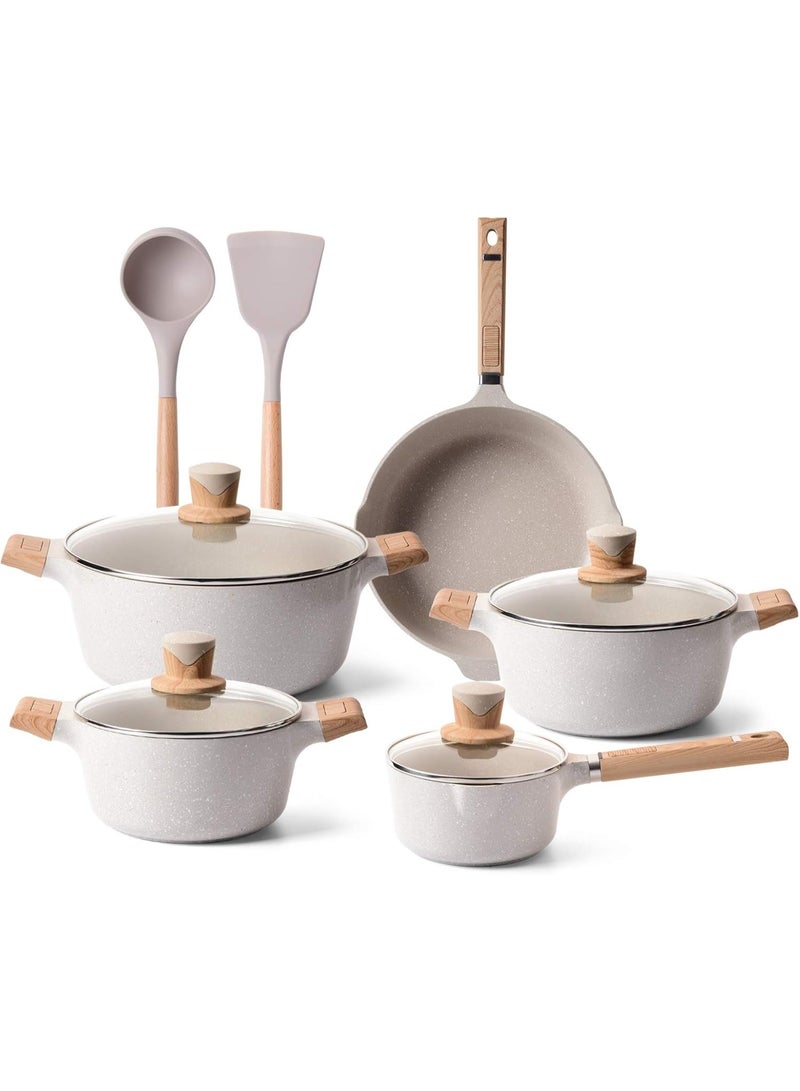 طقم أواني طبخ 11 قطعة، أطقم أواني غير لاصقة، مقالي حجرية غير لاصقة وأطقم قدور مع ملعقة طبخ وملعقة، بيج متوافق مع الحث. - Image 1