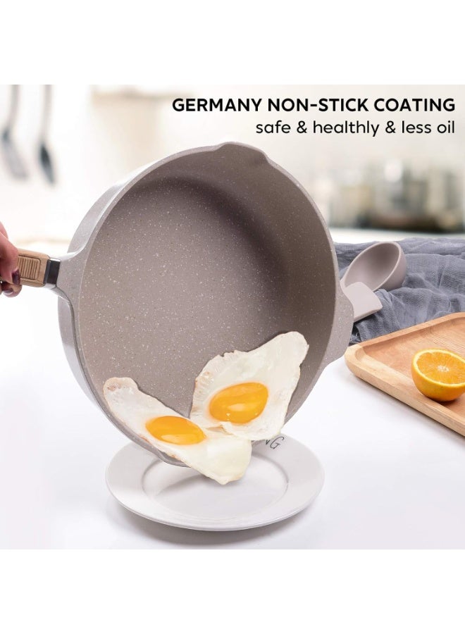 طقم أواني طبخ 11 قطعة، أطقم أواني غير لاصقة، مقالي حجرية غير لاصقة وأطقم قدور مع ملعقة طبخ وملعقة، بيج متوافق مع الحث. - Image 3