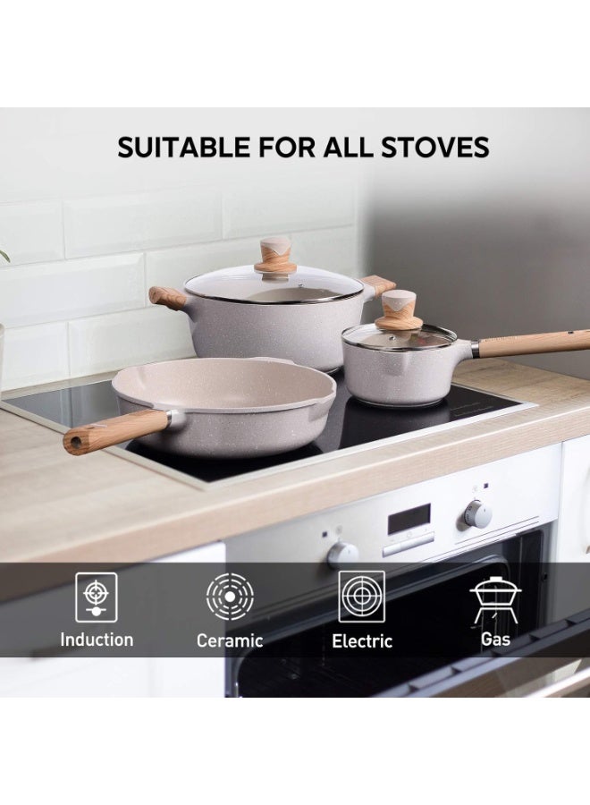 طقم أواني طبخ 11 قطعة، أطقم أواني غير لاصقة، مقالي حجرية غير لاصقة وأطقم قدور مع ملعقة طبخ وملعقة، بيج متوافق مع الحث. - Image 4