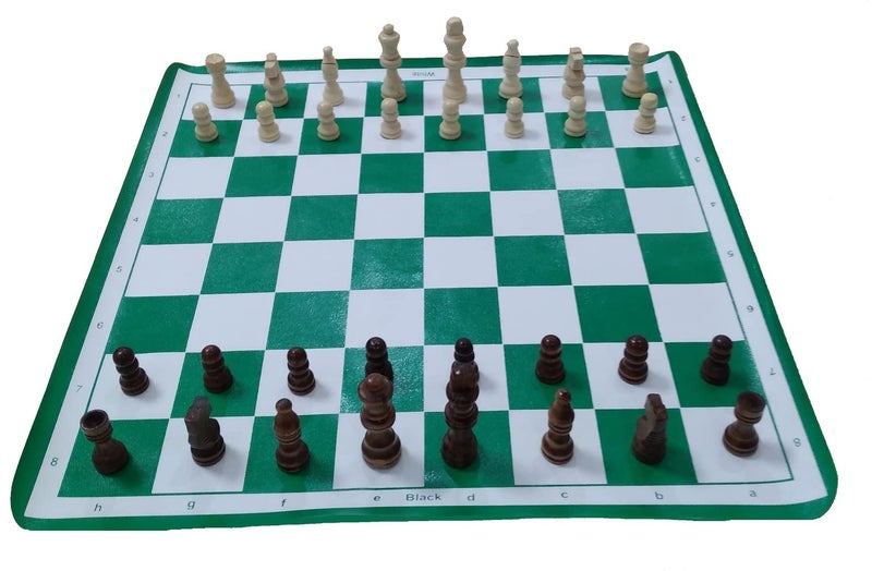 Tima Tournament Chess Set 17"x 17" Green Roll-Up Viny Chess Board and Wooden Chessmen 32 Pieces & Carry Bag - Image 1