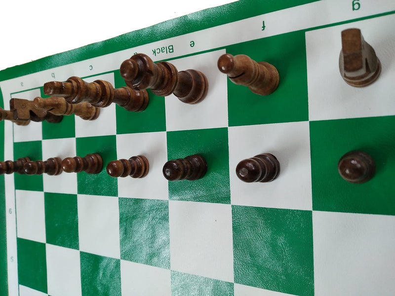 Tima Tournament Chess Set 17"x 17" Green Roll-Up Viny Chess Board and Wooden Chessmen 32 Pieces & Carry Bag - Image 5