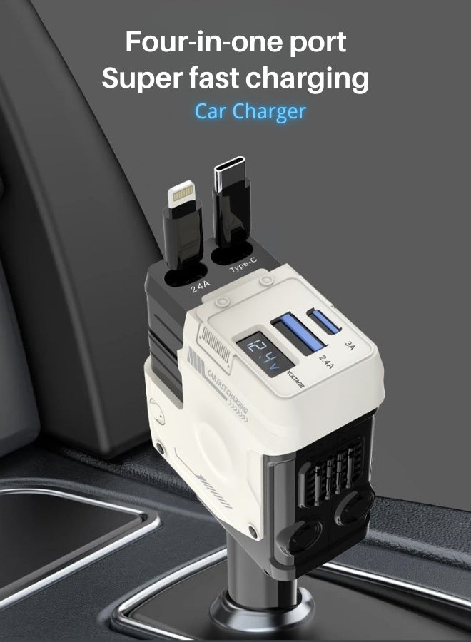 شاحن سيارة سريع ١٢ فولت/٢٤ فولت مع كابل قابل للسحب - كابل شحن مزدوج USB-C قابل للسحب، محول طاقة سريع للسيارة، PD٢٠ واط، متوافق مع هواتف iPhone من النوع C، شاحن سيارة بلوتوث USB بقوة ٤٠ واط، متوافق مع هواتف iPhone وSamsung وGalaxy وHuawei وXiaomi | شحن سريع ٤ في ١ من النوع C - أبيض ميكا - Image 2