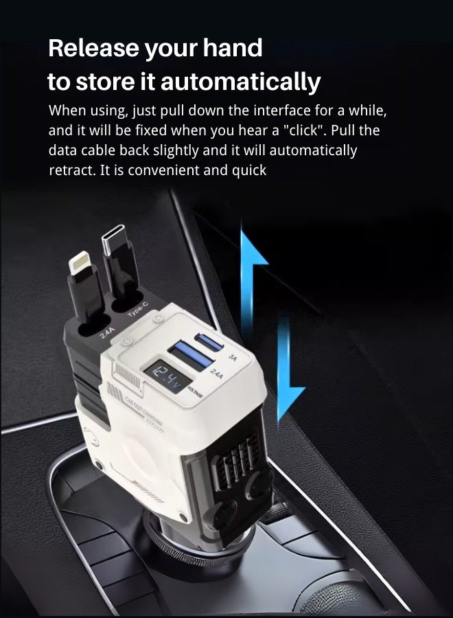 شاحن سيارة سريع ١٢ فولت/٢٤ فولت مع كابل قابل للسحب - كابل شحن مزدوج USB-C قابل للسحب، محول طاقة سريع للسيارة، PD٢٠ واط، متوافق مع هواتف iPhone من النوع C، شاحن سيارة بلوتوث USB بقوة ٤٠ واط، متوافق مع هواتف iPhone وSamsung وGalaxy وHuawei وXiaomi | شحن سريع ٤ في ١ من النوع C - أبيض ميكا - Image 3