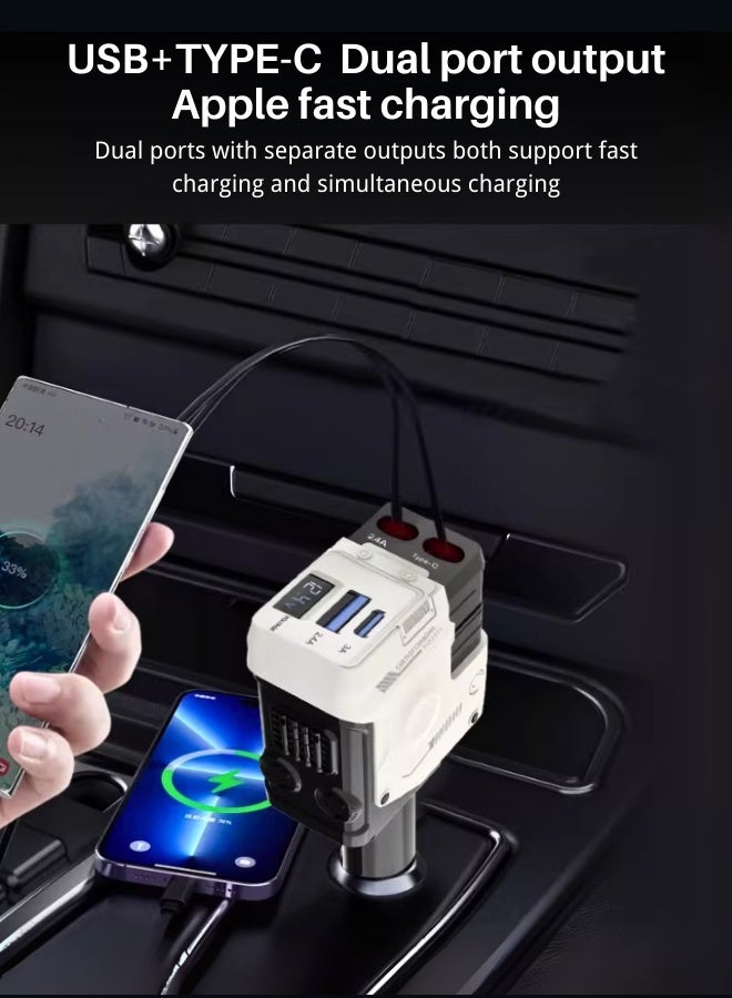 شاحن سيارة سريع ١٢ فولت/٢٤ فولت مع كابل قابل للسحب - كابل شحن مزدوج USB-C قابل للسحب، محول طاقة سريع للسيارة، PD٢٠ واط، متوافق مع هواتف iPhone من النوع C، شاحن سيارة بلوتوث USB بقوة ٤٠ واط، متوافق مع هواتف iPhone وSamsung وGalaxy وHuawei وXiaomi | شحن سريع ٤ في ١ من النوع C - أبيض ميكا - Image 4