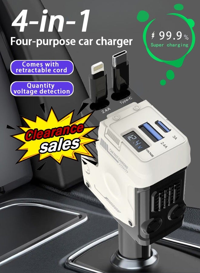 شاحن سيارة سريع ١٢ فولت/٢٤ فولت مع كابل قابل للسحب - كابل شحن مزدوج USB-C قابل للسحب، محول طاقة سريع للسيارة، PD٢٠ واط، متوافق مع هواتف iPhone من النوع C، شاحن سيارة بلوتوث USB بقوة ٤٠ واط، متوافق مع هواتف iPhone وSamsung وGalaxy وHuawei وXiaomi | شحن سريع ٤ في ١ من النوع C - أبيض ميكا - Image 1