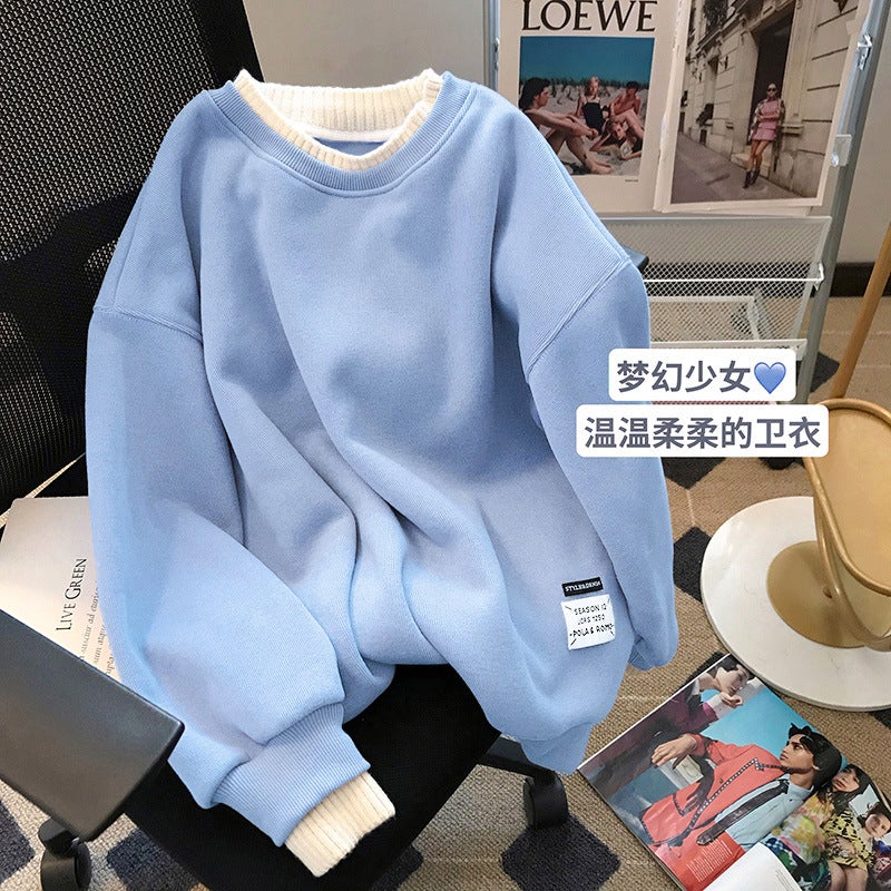 2024 New Womens Sweatshirt fleece-lined Round Neck Sweatshirt Womens Fake Two-piece Loose plus size Womens Thickened Coat Clothes Blue (fleece-lined 373880)