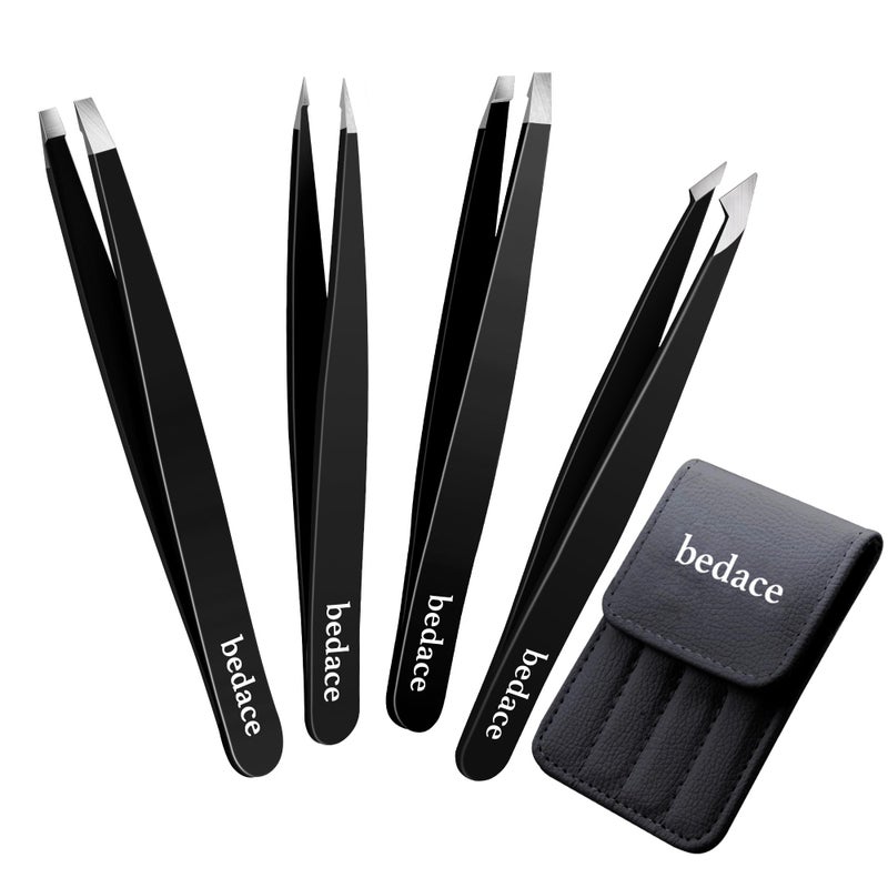 bedace Tweezers for Women Facial Hair,Stocking Stuffers 4 Pack Tweezers for Eyebrows,Tweezer Set for Ingrown Hair, Plucking Daily Beauty Tool with Leather Travel Case for Gifts - Image 1