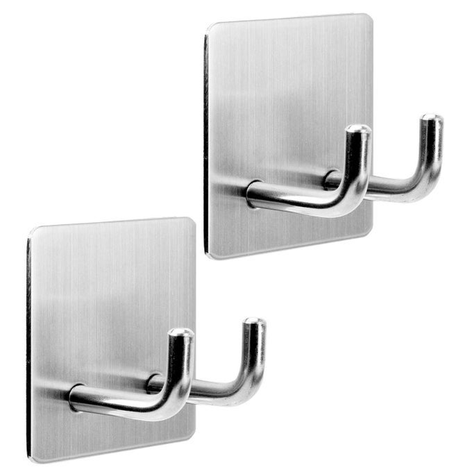 ADHESIVE HOOKS RAZOR HOLDER HEAVY DUTY WALL HOOKS STAINLESS STEEL WATERPROOF HANGER FOR KITCHEN BEDROOM BATHROOMSTICK ON HOOK ANTISKID HANGERS DOUBLE HANGING TOWEL ROBE COAT KEY BRUSHED NICKEL 2PACK