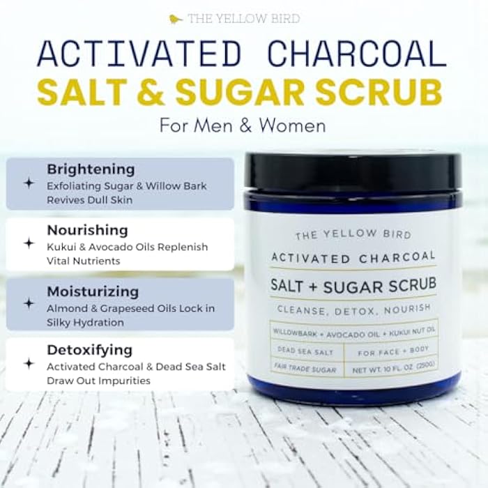 The Yellow Bird Activated Charcoal Face & Body Scrub – Natural Deep Cleansing Exfoliator for Smooth, Soft Skin – Gentle Salt & Sugar Scrub for Armpit & Foot Detox – For Men & Women – Made in USA - Image 2