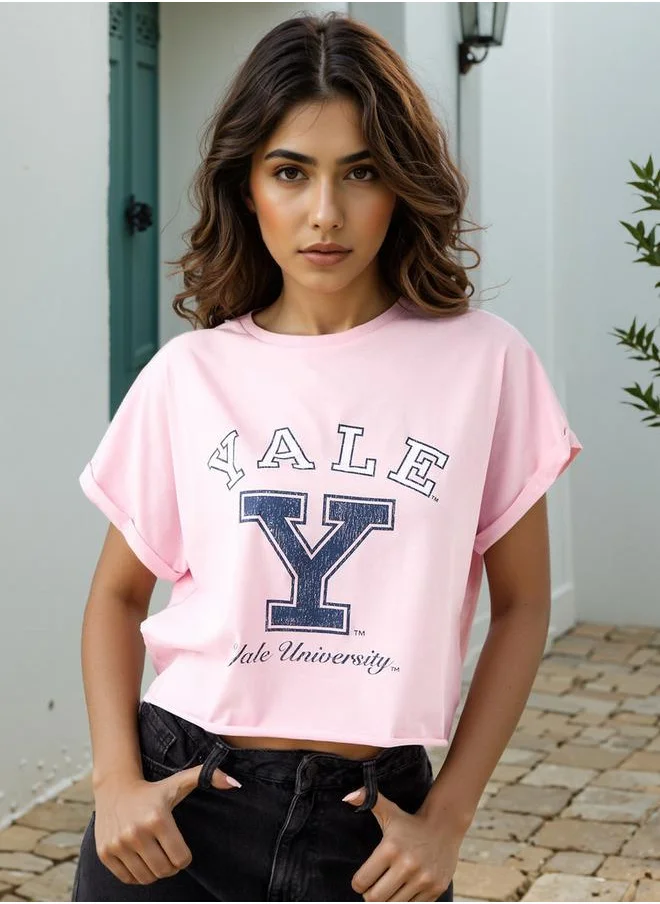 اس بي كاركترز Varsity Print Cropped T-shirt with Extended Sleeves