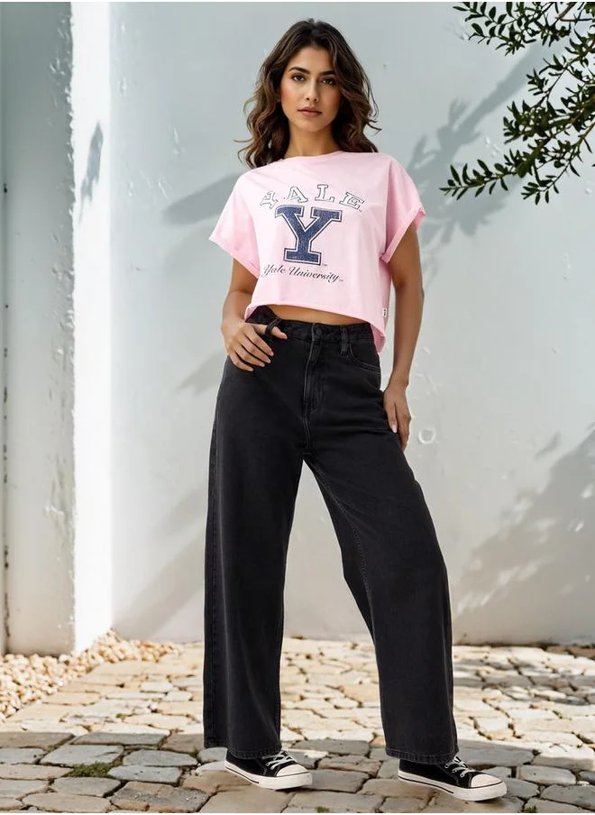 اس بي كاركترز Varsity Print Cropped T-shirt with Extended Sleeves