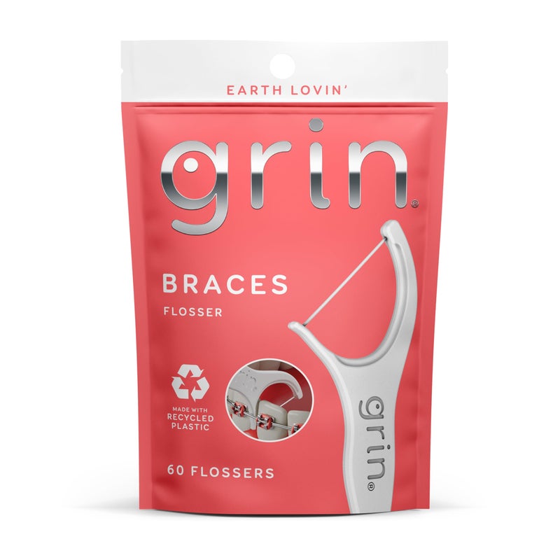 GRIN Braces Flosser Floss Picks Designed for Braces 60 Count Dental Flossers Recycled Plastic Ortho Approved Premium Thin Floss Includes Handy Wax Scraper and Pick