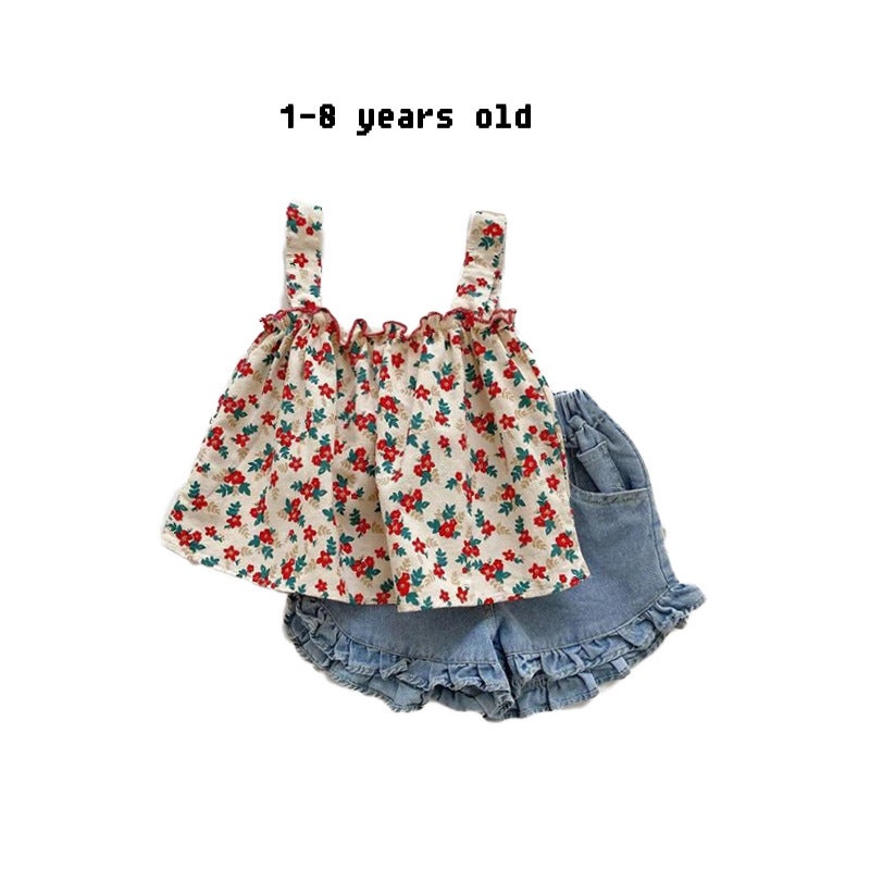 2023 baby girl summer suit lace sling Denim shorts two-piece childrens summer cool clothing KA flower and leaf set 