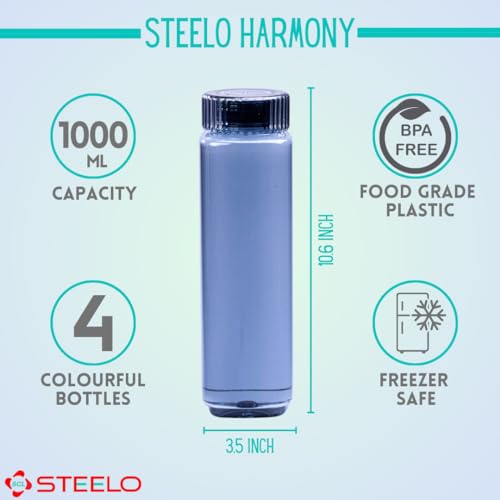 SCL Steelo Harmony Plastic Bottles 1 litre Set of 4, BPA Free Food Grade PET Material Leak Proof Wide Mouth Bottles for Home, Fridge and Travel (Multicolor) - Image 2