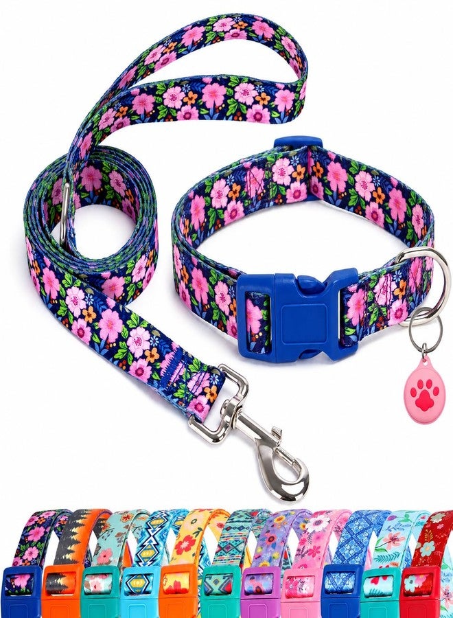 SLZZ Floral Matching Dog Collar and Leash Set with AirTag Holder, Anti-Lost Adjustable Durable Pet Collar Leash Combo for X-Small Small Medium Large Dogs, Ideal for Walking Hiking Training-Daisy/XS - Image 1