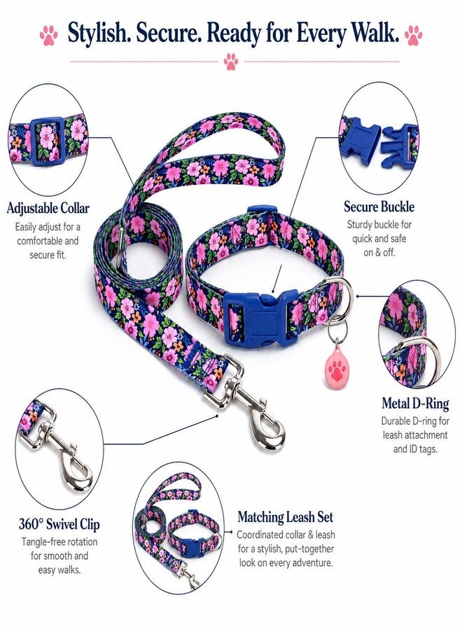 SLZZ Floral Matching Dog Collar and Leash Set with AirTag Holder, Anti-Lost Adjustable Durable Pet Collar Leash Combo for X-Small Small Medium Large Dogs, Ideal for Walking Hiking Training-Daisy/XS - Image 2