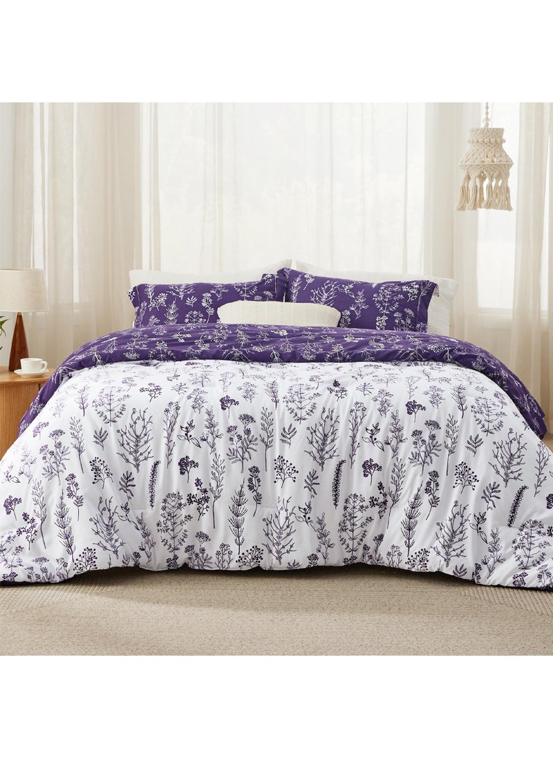 Bedsure Bedsure Full Comforter Set - Dark Purple Comforter  Cute Floral Bedding Comforter Sets  Gifts for Woman  3 Pieces  1 Soft Reversible Botanical Flowers Comforter and 2 Pillow Shams  - Image 2