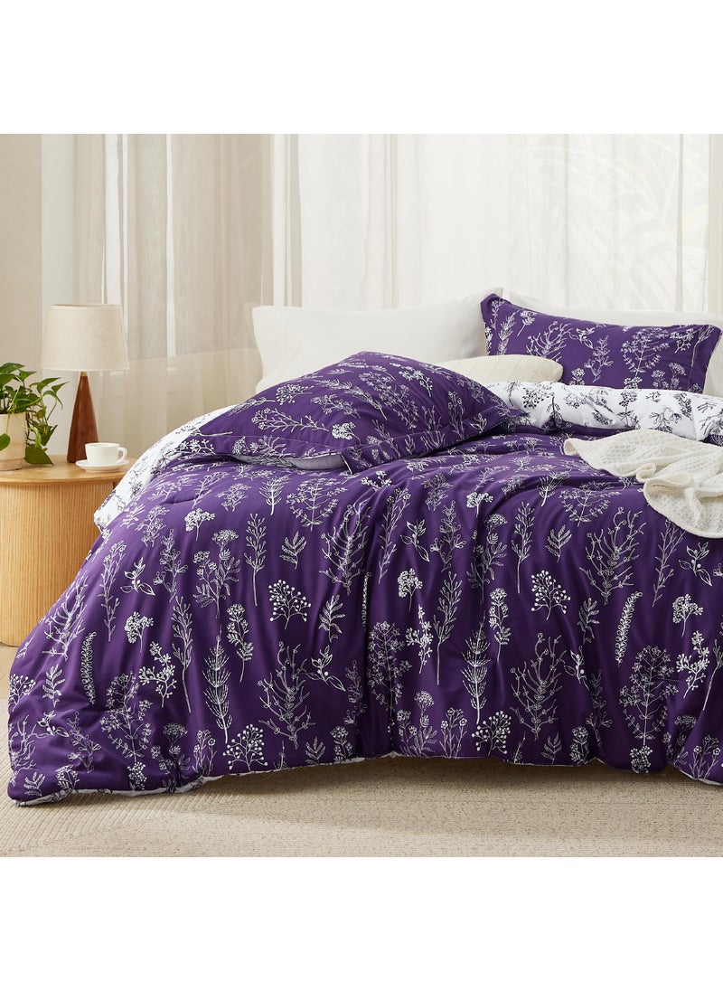 Bedsure Bedsure Full Comforter Set - Dark Purple Comforter  Cute Floral Bedding Comforter Sets  Gifts for Woman  3 Pieces  1 Soft Reversible Botanical Flowers Comforter and 2 Pillow Shams  - Image 1