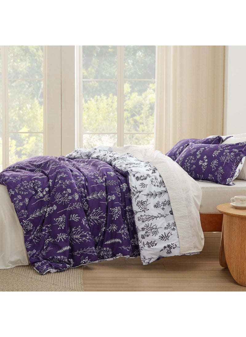 Bedsure Bedsure Full Comforter Set - Dark Purple Comforter  Cute Floral Bedding Comforter Sets  Gifts for Woman  3 Pieces  1 Soft Reversible Botanical Flowers Comforter and 2 Pillow Shams  - Image 4