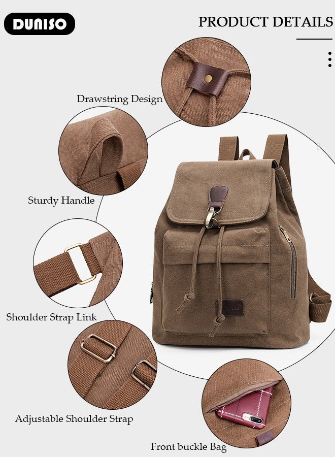 DUNISO Canvas Backpack, Vintage Laptop Backpack for Men, Women, Large Capacity Travel Leather Rucksack Knapsack for Camping, Hiking, School, Work & Daily Live, Lightweight School Bag for Teenagers  - Image 2