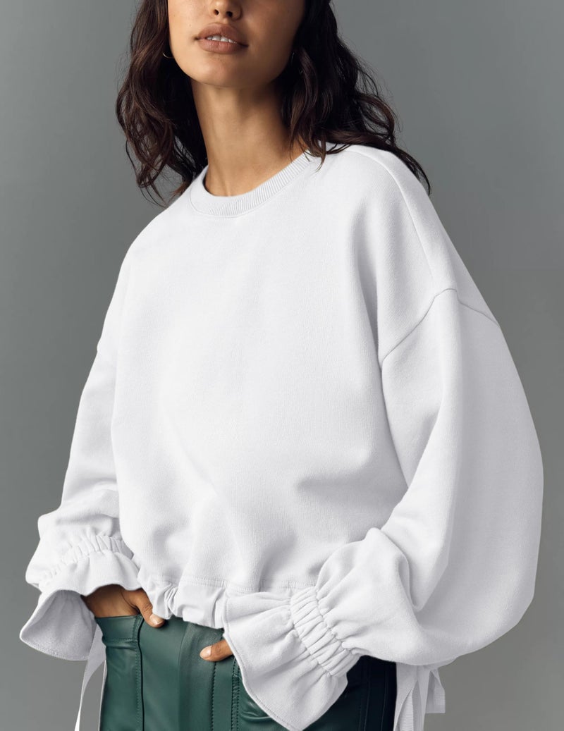 Dsewpaur Women Tie Up Sweatshirt Crewneck Balloon Long Sleeve Shirt Casual Fall Pullover Crop Babydoll Tops White - Image 3