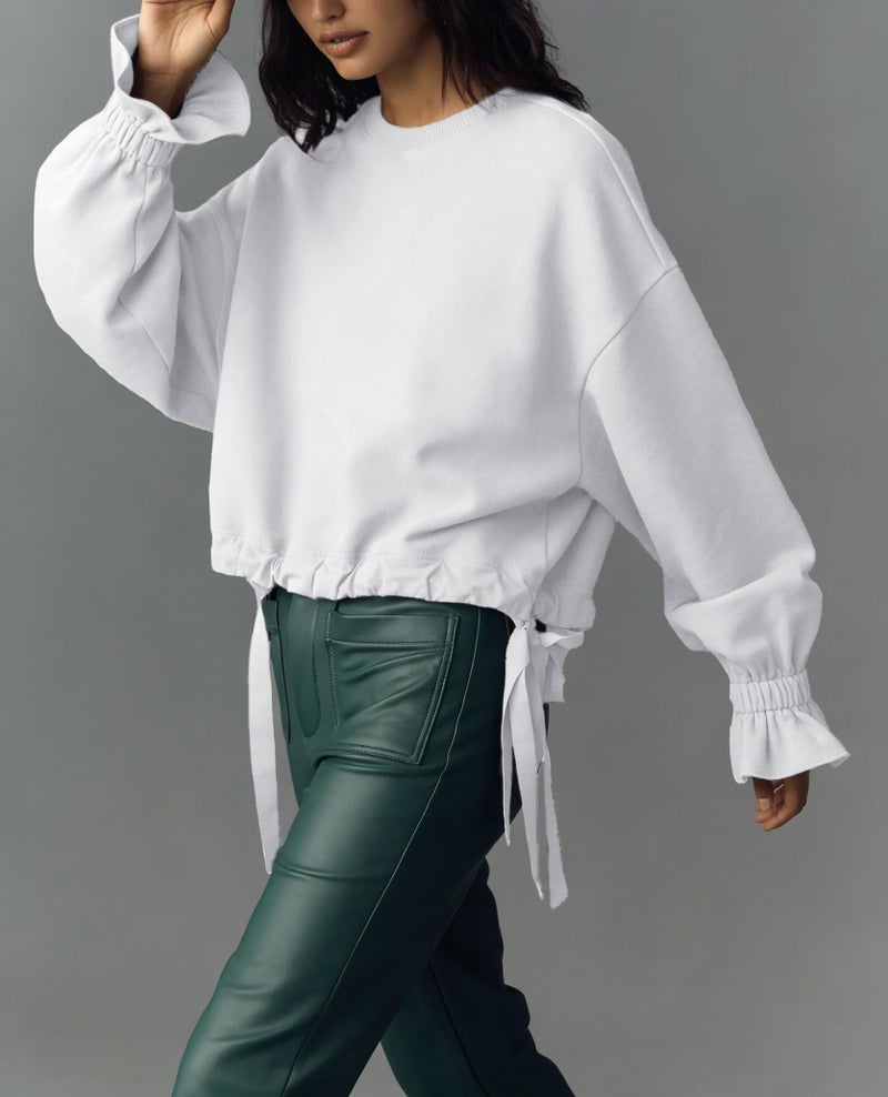 Dsewpaur Women Tie Up Sweatshirt Crewneck Balloon Long Sleeve Shirt Casual Fall Pullover Crop Babydoll Tops White - Image 4