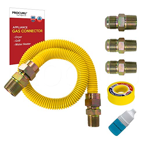 PROCURU 1/2" OD x 24" (2Ft) Universal Flexible Gas Connector Kit, SafeGuard Yellow-Coated Stainless Steel Gas Supply Pipe for Dryers, Bbq Grills, Water Heaters (Red-A1 Series) - Image 1