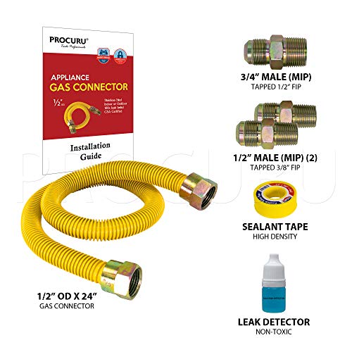 PROCURU 1/2" OD x 24" (2Ft) Universal Flexible Gas Connector Kit, SafeGuard Yellow-Coated Stainless Steel Gas Supply Pipe for Dryers, Bbq Grills, Water Heaters (Red-A1 Series) - Image 2