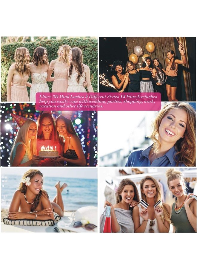 Eliace Lashes 5 Styles 15 Pairs Silk Mink Eyelashes Faux Mixed, Fluffy Volume Cat Eye Lashes 3D Eyelashes Mink Luxury Multi-layered Effect & Reusable Wispies Lashes Bulk, Cute Eye Lashes Sets Pack - Image 2