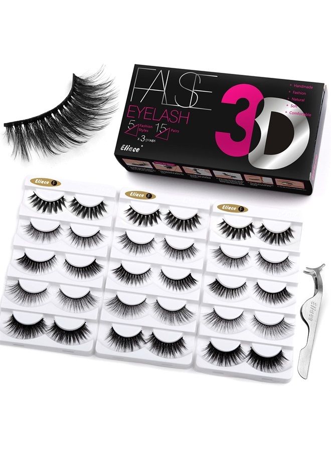 Eliace Lashes 5 Styles 15 Pairs Silk Mink Eyelashes Faux Mixed, Fluffy Volume Cat Eye Lashes 3D Eyelashes Mink Luxury Multi-layered Effect & Reusable Wispies Lashes Bulk, Cute Eye Lashes Sets Pack - Image 1