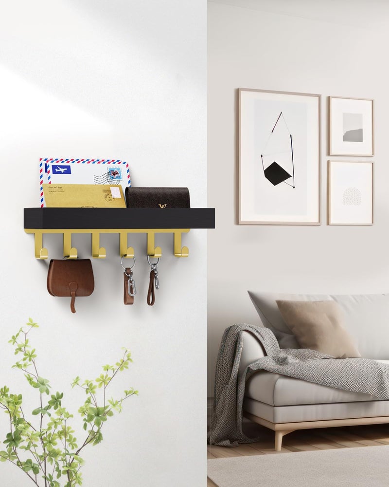 ROPALINS Key Holder Wall Mount Adhesive Magnetic - Hanging Key Hooks with Tray for Wallet House Accessories - Keys Hanger Rack with Shelf for Camper Entryway Door Home Living Room Decor Black Gold - Image 3