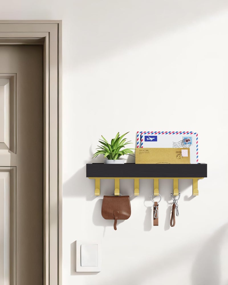 ROPALINS Key Holder Wall Mount Adhesive Magnetic - Hanging Key Hooks with Tray for Wallet House Accessories - Keys Hanger Rack with Shelf for Camper Entryway Door Home Living Room Decor Black Gold - Image 2
