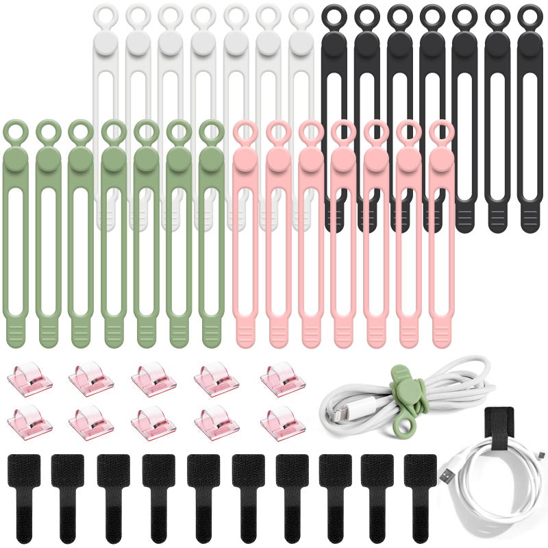 OneLeaf 48Pcs Silicone Cable Ties, Elastic Cord Ties for Cable Organizer, Reusable Wire Management, Cord Organizer Essentials, Multipurpose Cable Management for Travel/Portable/Office/Home Desk - Image 1
