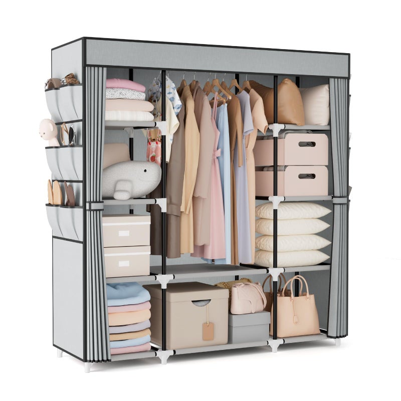 VTRIN Portable Closet Wardrobe for Hanging Clothes 57.3 Inch Large Capacity Clothes Rack with Cover, 10 Storage Organizer Shelves, 1 Hanging Rods and 6 Pockets, Free Standing Closet for Bedroom, Grey - Image 1