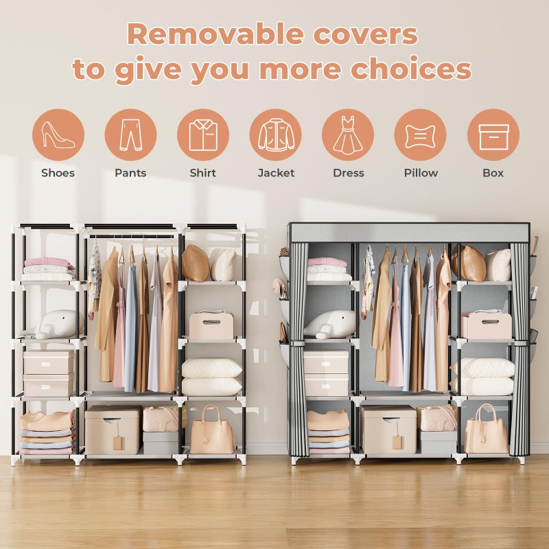 VTRIN Portable Closet Wardrobe for Hanging Clothes 57.3 Inch Large Capacity Clothes Rack with Cover, 10 Storage Organizer Shelves, 1 Hanging Rods and 6 Pockets, Free Standing Closet for Bedroom, Grey - Image 5