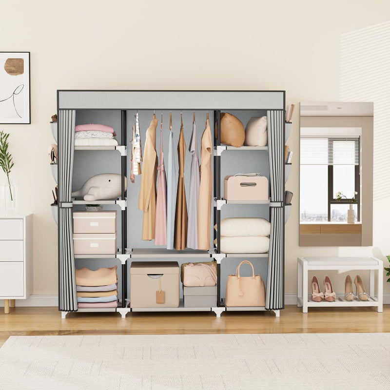 VTRIN Portable Closet Wardrobe for Hanging Clothes 57.3 Inch Large Capacity Clothes Rack with Cover, 10 Storage Organizer Shelves, 1 Hanging Rods and 6 Pockets, Free Standing Closet for Bedroom, Grey - Image 2