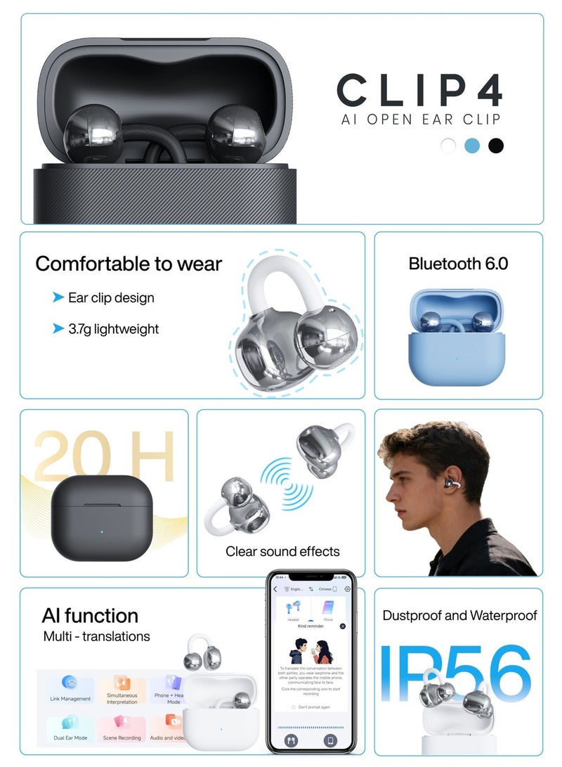 G-Tab CLIP4 Wireless Earphones, Bluetooth Earbuds, C-bridge Design, Open-ear Listening, Clip on Erabuds,Crystal-clear Calls, 20 Hours Long Battery Life, AI Earbuds with TranslationCompatible with iOS & Android, IP57-White - Image 4