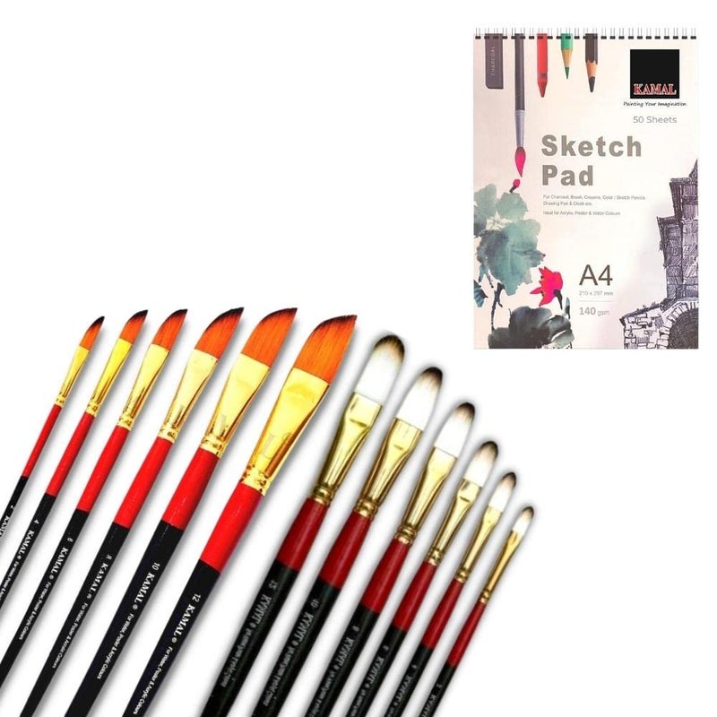KAMAL Combo of Filbert White Brown and Dagger Paint Brush Set of 6 with A4 Sketch Pad 120LB/140GSM 50 Sheets - Image 1