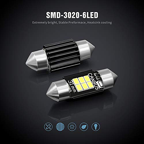 SIR IUS LED SIRIUSLED Super Bright 3020 Chipset Canbus Error Free LED Festoon Bulbs for Car Interior Lights License Plate Dome 1.25” 31MM Festoon 3175 DE3175 6000K White Pack of 2 - Image 2