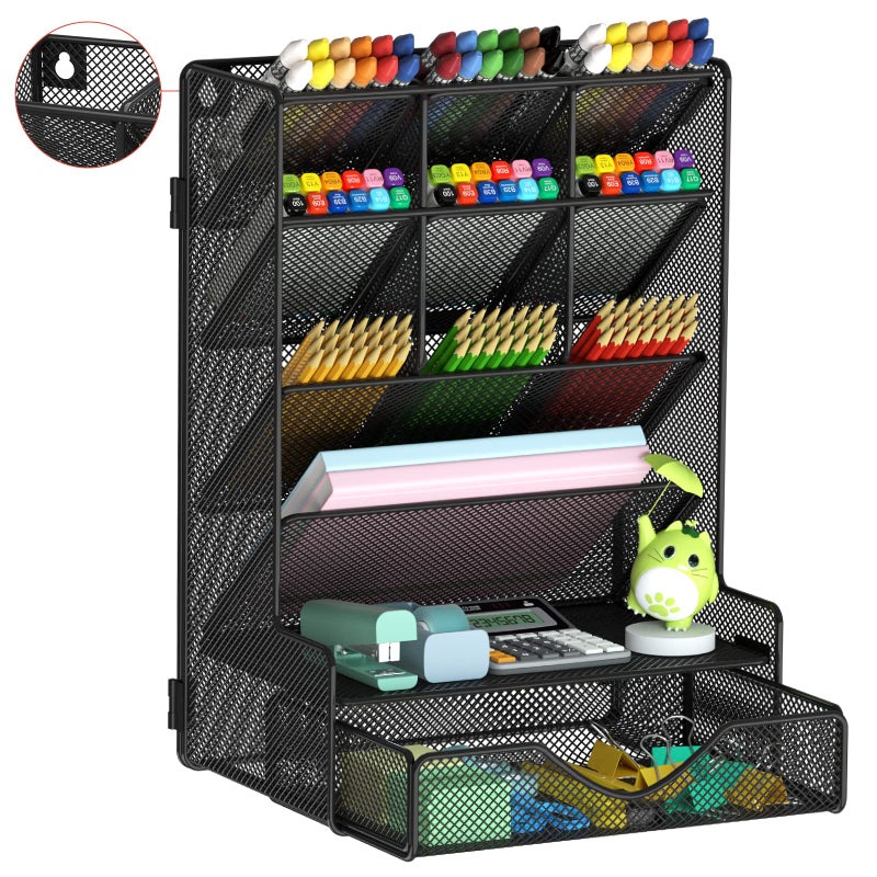 BOHDK Pen Organizer for Desk, Multi-Functional Desk Organizer, Wall Mount Pen Holder with Drawer for School, Office, Home, Art Supplies, Black - Image 1