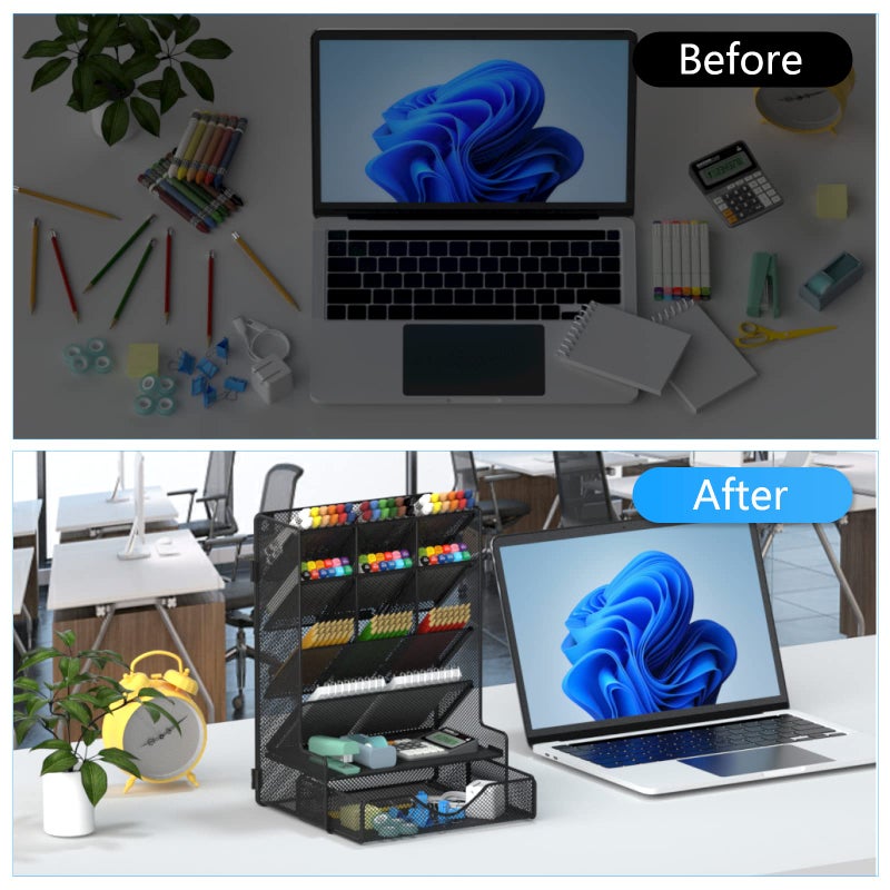 BOHDK Pen Organizer for Desk, Multi-Functional Desk Organizer, Wall Mount Pen Holder with Drawer for School, Office, Home, Art Supplies, Black - Image 4