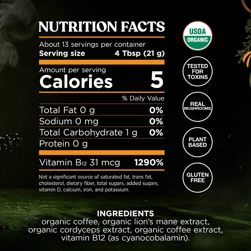 Four Sigmatic Focus Max High Caffeine Cordyceps Coffee | Organic Dark Roast High Caffeine Ground Coffee with Cordyceps, Lion's Mane and B12 | Energy Booster Without the Jitters | 10oz Bag - Image 3