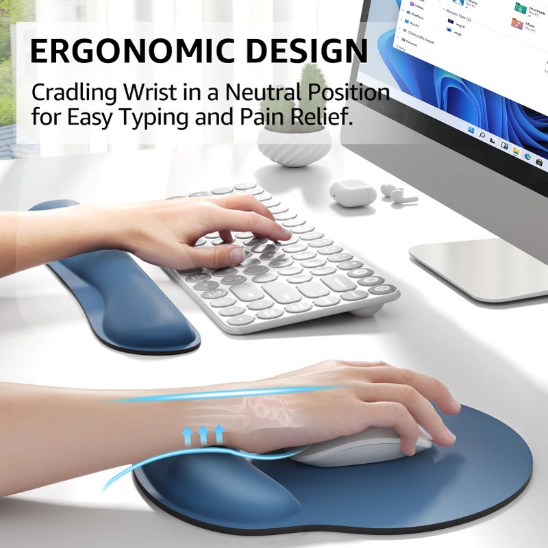 KTRIO Ergonomic Keyboard Wrist Rest and Mouse Pad with Wrist Rest Set, Memory Foam Wrist Support for Typing, Gaming, Office and Home Use, Pale Pink, Navy Blue - Image 2