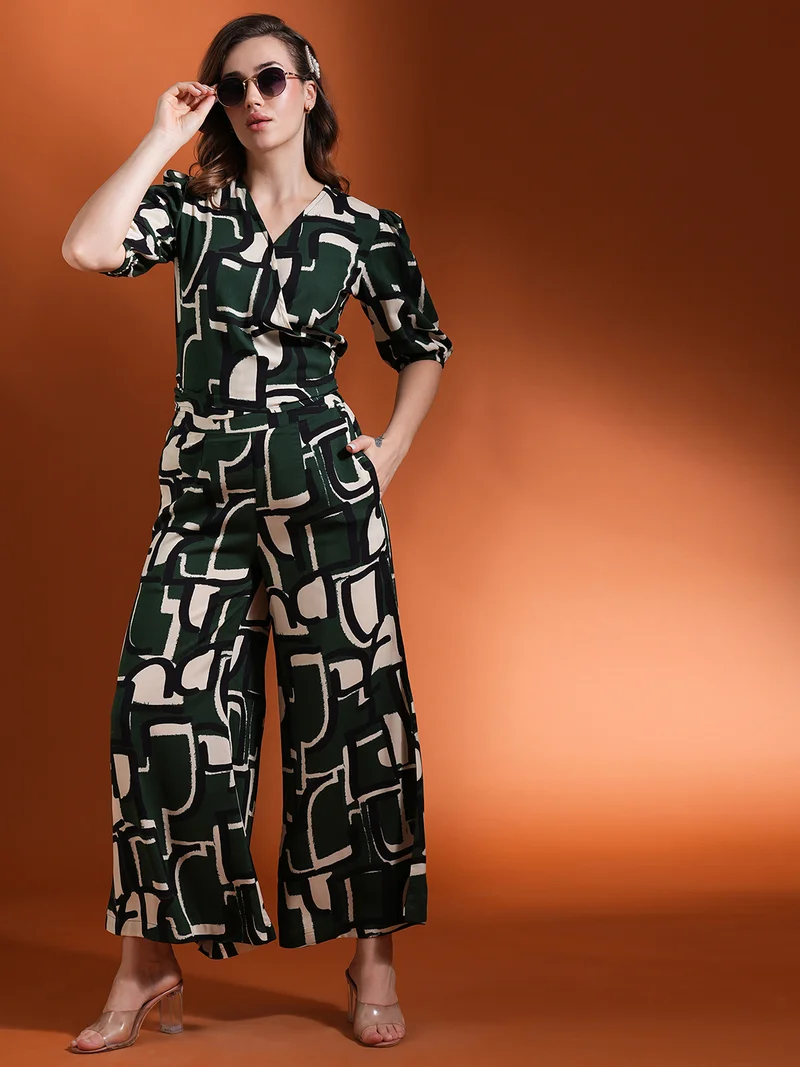 globus Women Green Printed V-Neck Top With Palazzo